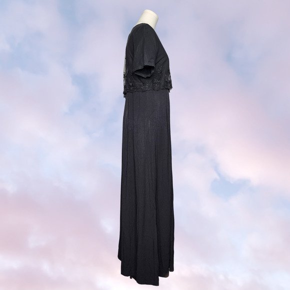 Vtg 90s CDC Black High Waist Maxi Summer Whimsi Goth Mesh Layer Lace Dress Sz 10 - Picture 2 of 7